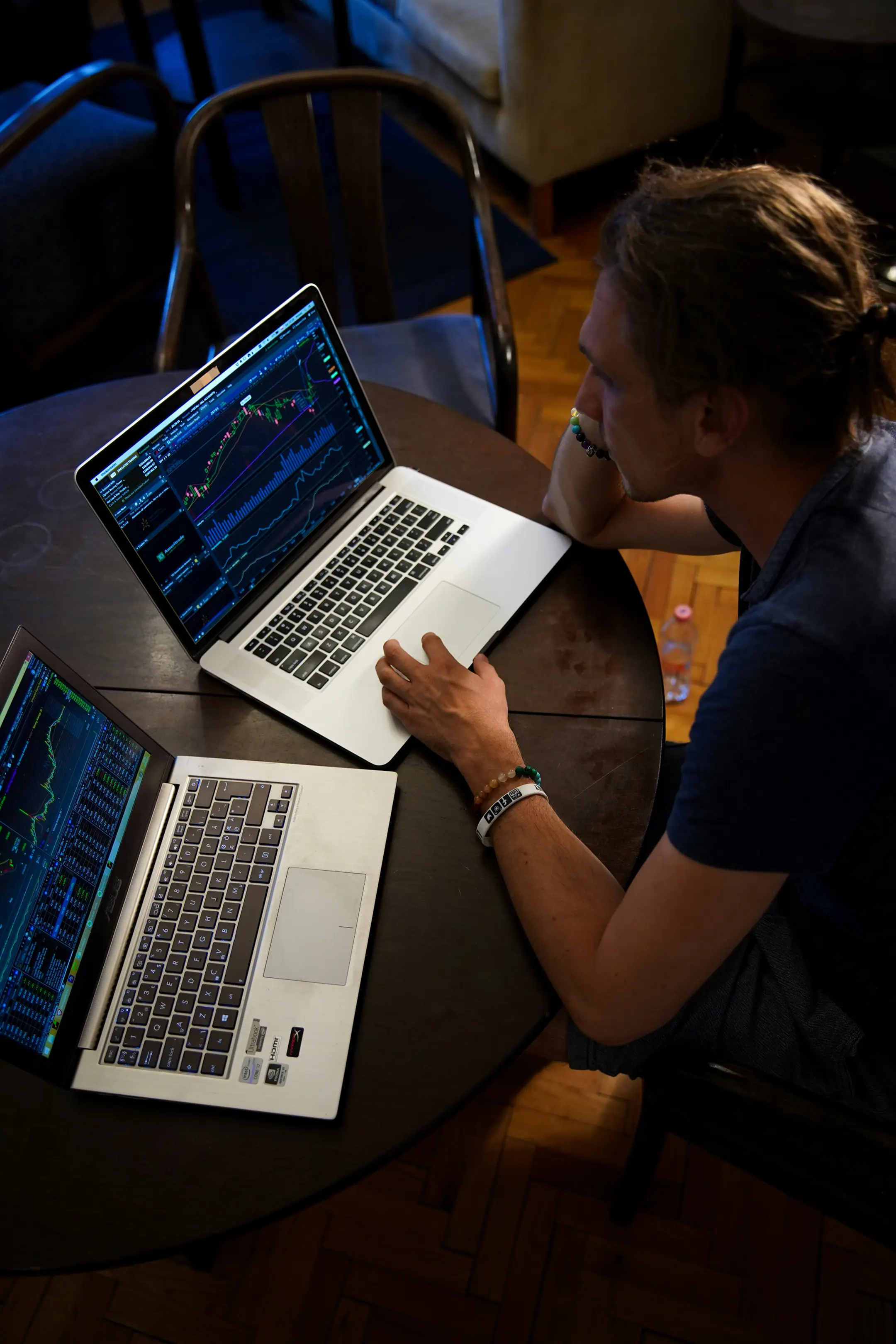 Trader feeling overwhelmed while reviewing market charts on screen